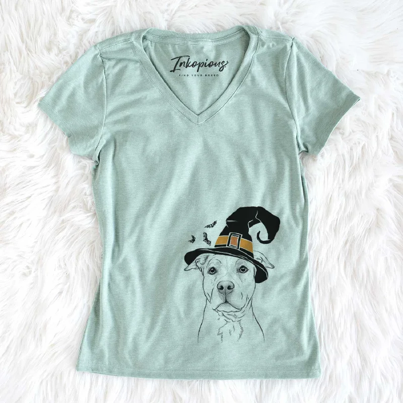 Witch Bailey the American Staffordshire Terrier - Women's V-neck Shirt-- Front Pockets Side Pockets Patch Pockets Witch Bailey the American Staffordshire Terrier - Women's V-neck Shirt-- Front Pockets Side Pockets Patch Pockets