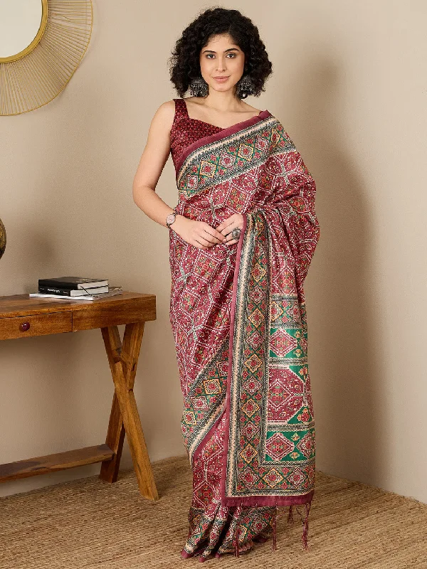 Women's Silk Blend Brown Printed Ready to Wear With Blouse Piece Frilled Cuff Blouse Women's Silk Blend Brown Printed Ready to Wear With Blouse Piece Frilled Cuff Blouse