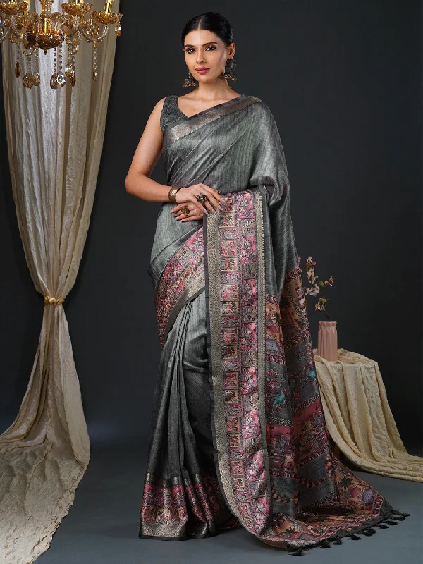 Women's Mysore Silk Charcoal Grey Printed Designer Saree With Blouse Piece Floral Print Blouse Women's Mysore Silk Charcoal Grey Printed Designer Saree With Blouse Piece Floral Print Blouse