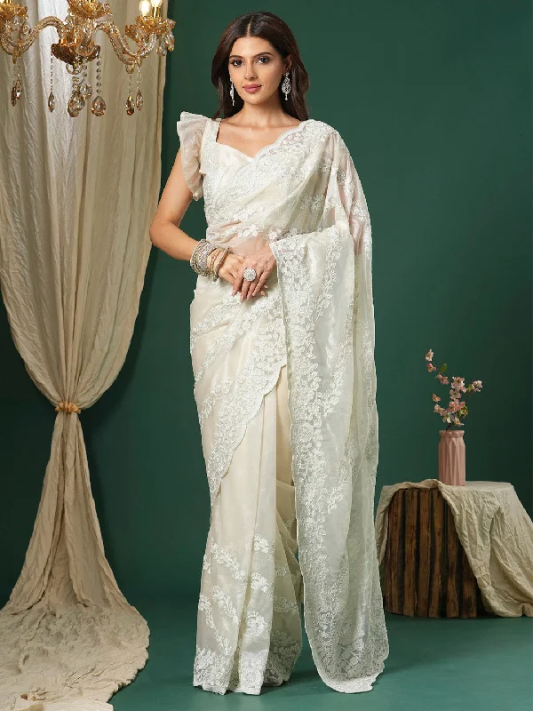 Women's Organza Beige Embroidered Designer Saree With Blouse Piece Modern Oversized Blouse