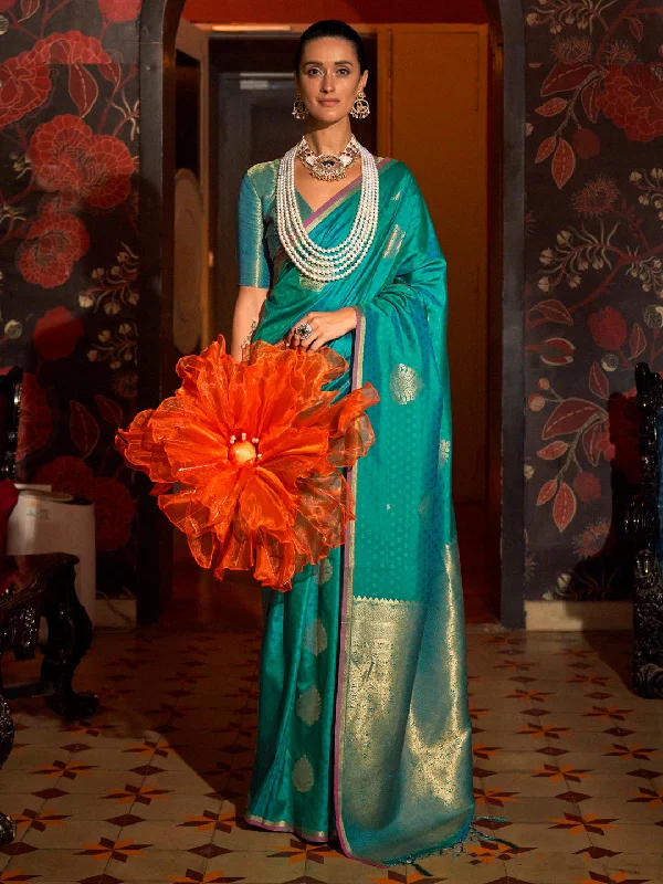 Women's Silk Blend Teal blue Woven Design Designer Saree With Blouse Piece Satin Bow Blouse