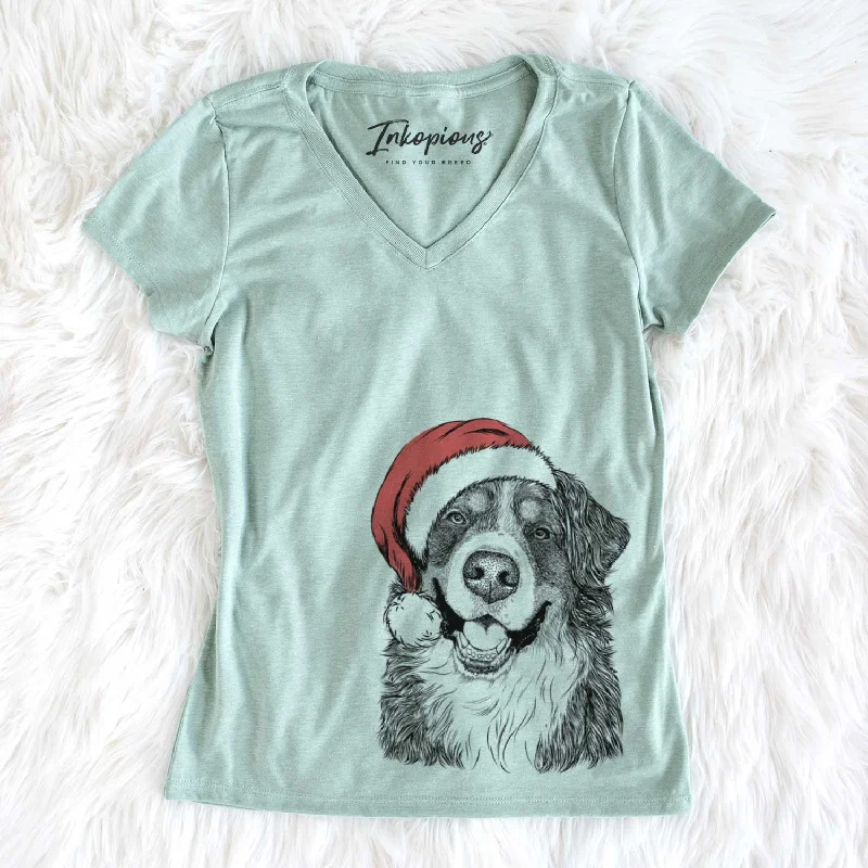 Santa Eiger the Bernese Mountain Dog - Women's V-neck Shirt-- Asymmetrical Pockets Print Santa Eiger the Bernese Mountain Dog - Women's V-neck Shirt-- Asymmetrical Pockets Print