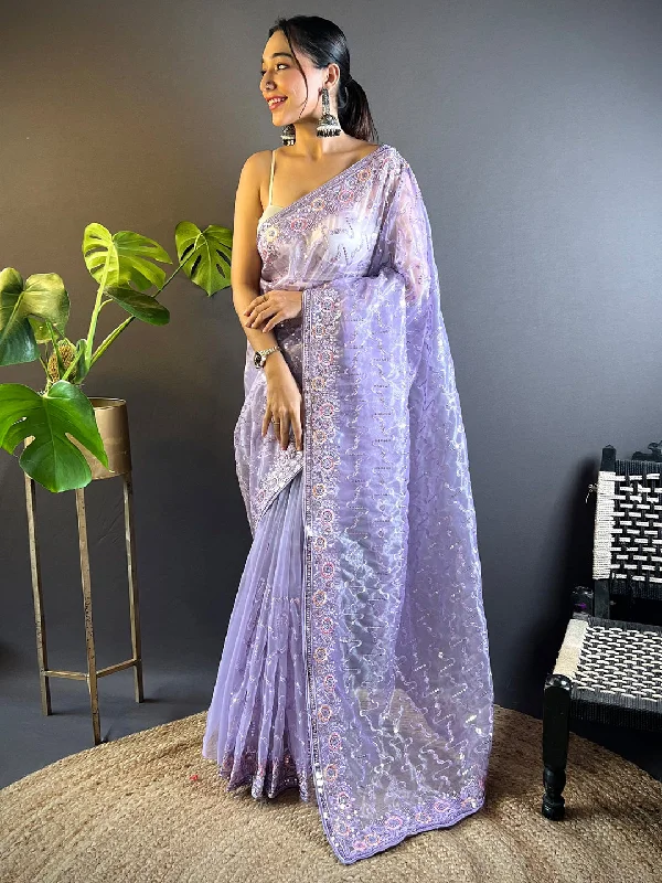 Women's Tissue Lavender Embellished Designer Saree With Blouse Piece Sleeveless Chiffon Blouse Women's Tissue Lavender Embellished Designer Saree With Blouse Piece Sleeveless Chiffon Blouse