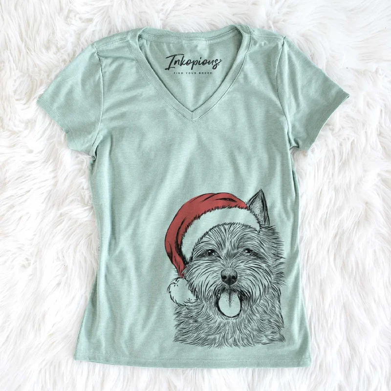 Santa Alfie the Norwich Terrier - Women's V-neck Shirt-- Sequined Glittery Shiny