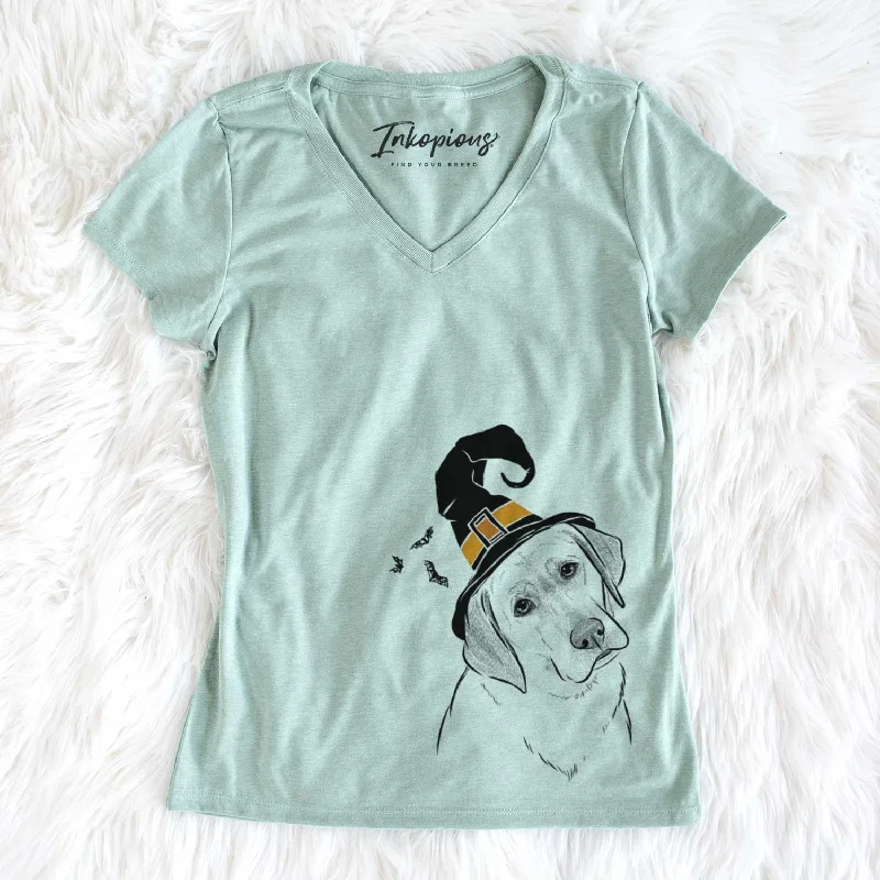 Witch Stella the Yellow Lab - Women's V-neck Shirt-- Fleece Fabric Down Fabric Feather Fabric Witch Stella the Yellow Lab - Women's V-neck Shirt-- Fleece Fabric Down Fabric Feather Fabric