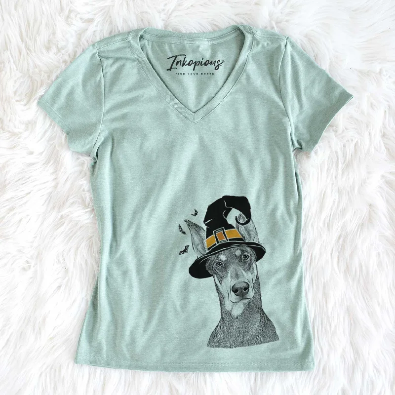 Witch Jenna the Doberman Pinscher - Women's V-neck Shirt-- Front Pockets Side Pockets Patch Pockets Witch Jenna the Doberman Pinscher - Women's V-neck Shirt-- Front Pockets Side Pockets Patch Pockets