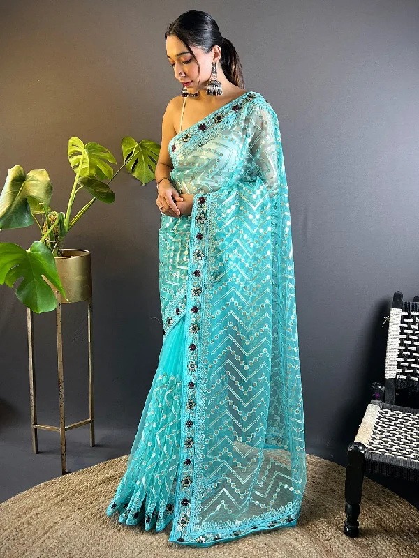 Women's Net Light Blue Embellished Designer Saree With Blouse Piece Satin Bow Blouse Women's Net Light Blue Embellished Designer Saree With Blouse Piece Satin Bow Blouse