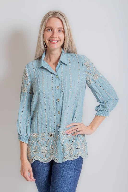 Celestial Blue Eyelet Blouse Bell Sleeve Blouse