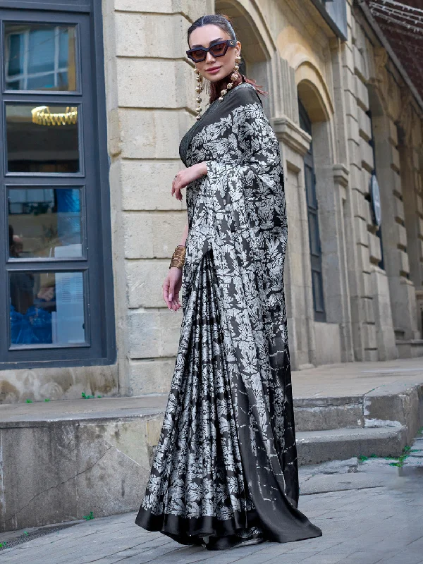 Women's Crepe Black Printed Designer Saree With Blouse Piece Sheer Mesh Blouse
