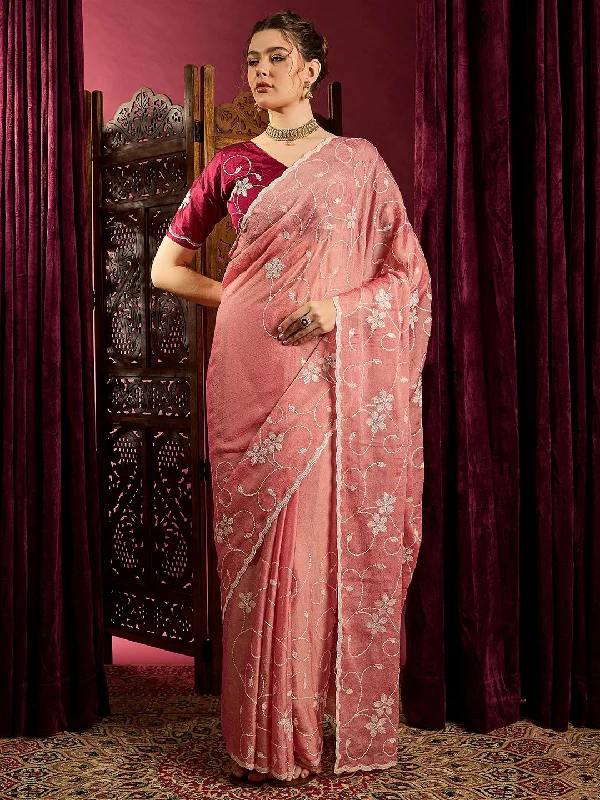 Women's Chiffon Peach Embroidered Designer Saree With Blouse Piece Sheer Sleeve Blouse Women's Chiffon Peach Embroidered Designer Saree With Blouse Piece Sheer Sleeve Blouse