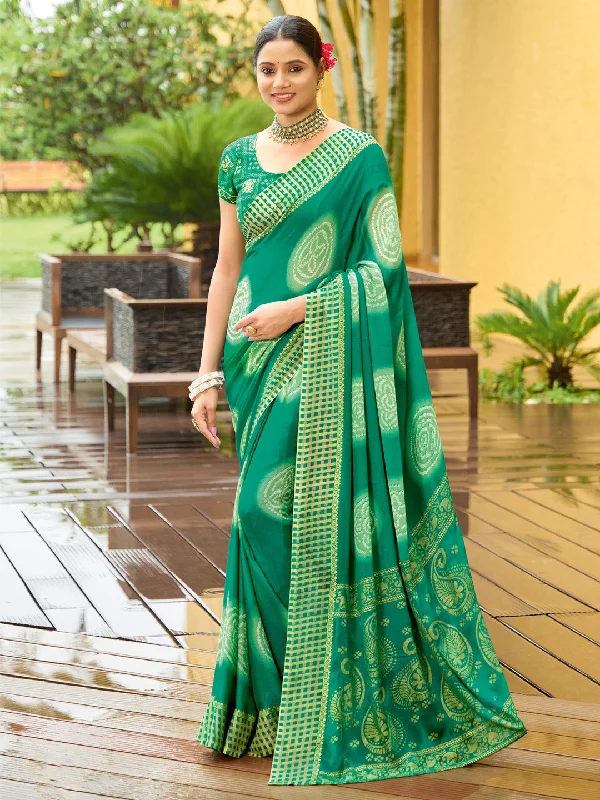 Women's Georgette Teal green Printed Designer Saree With Blouse Piece Asymmetric Hem Blouse Women's Georgette Teal green Printed Designer Saree With Blouse Piece Asymmetric Hem Blouse