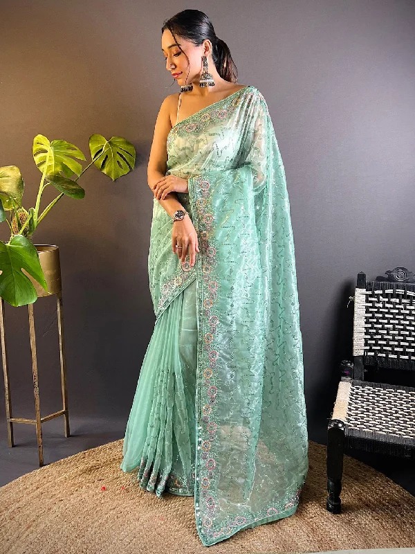 Women's Tissue Sea Green Embellished Designer Saree With Blouse Piece Business Casual Blouse Women's Tissue Sea Green Embellished Designer Saree With Blouse Piece Business Casual Blouse