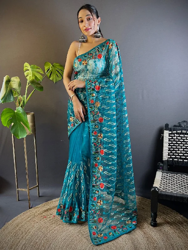 Women's Net Blue Embellished Designer Saree With Blouse Piece Embroidered Cotton Blouse Women's Net Blue Embellished Designer Saree With Blouse Piece Embroidered Cotton Blouse