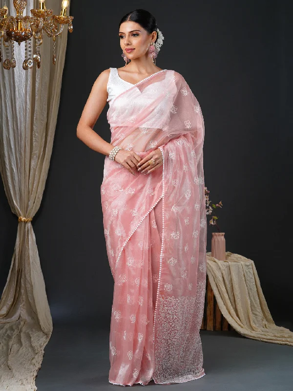 Women's Organza White Embroidered Designer Saree With Blouse Piece Textured Cotton Blouse Women's Organza White Embroidered Designer Saree With Blouse Piece Textured Cotton Blouse