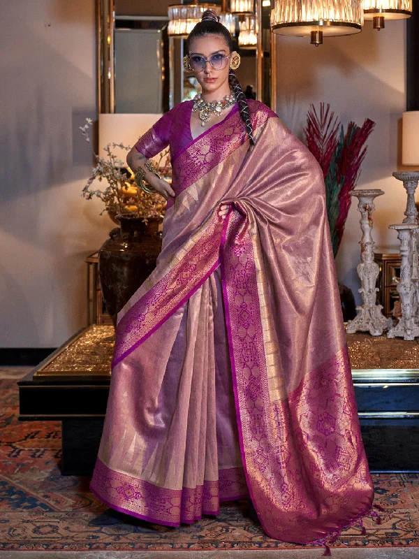 Women's Tissue Magenta Woven Design Designer Saree With Blouse Piece High Neck Blouse
