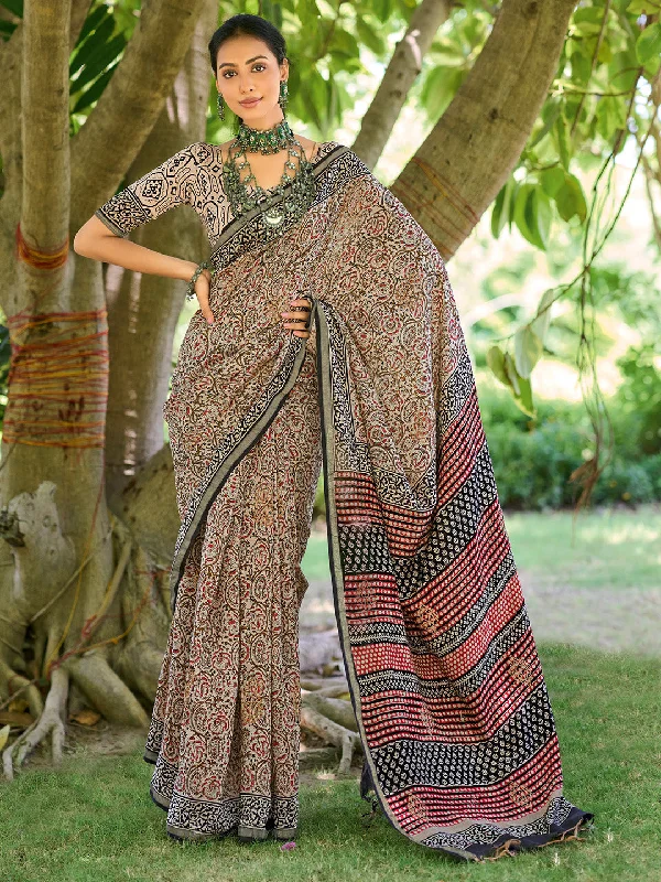 Women's Cotton Beige Printed Designer Saree With Blouse Piece Feminine Satin Blouse