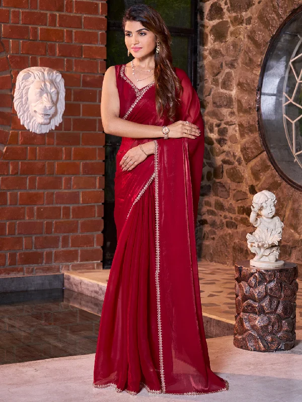 Women's Satin Silk Maroon Embellished Designer Saree With Blouse Piece Double-Layered Blouse Women's Satin Silk Maroon Embellished Designer Saree With Blouse Piece Double-Layered Blouse