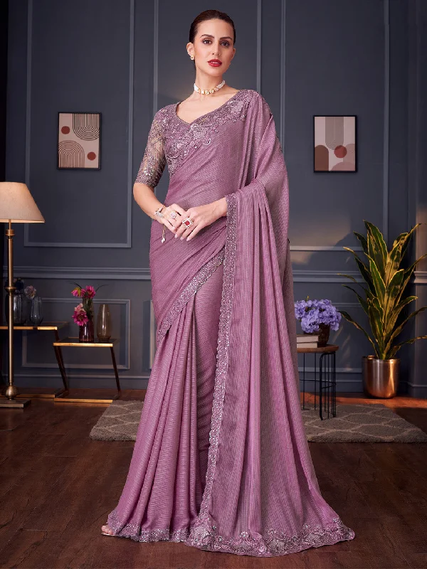 Women's Pure Georgette Mauve Embellished Designer Saree With Blouse Piece Feminine Tie Blouse Women's Pure Georgette Mauve Embellished Designer Saree With Blouse Piece Feminine Tie Blouse