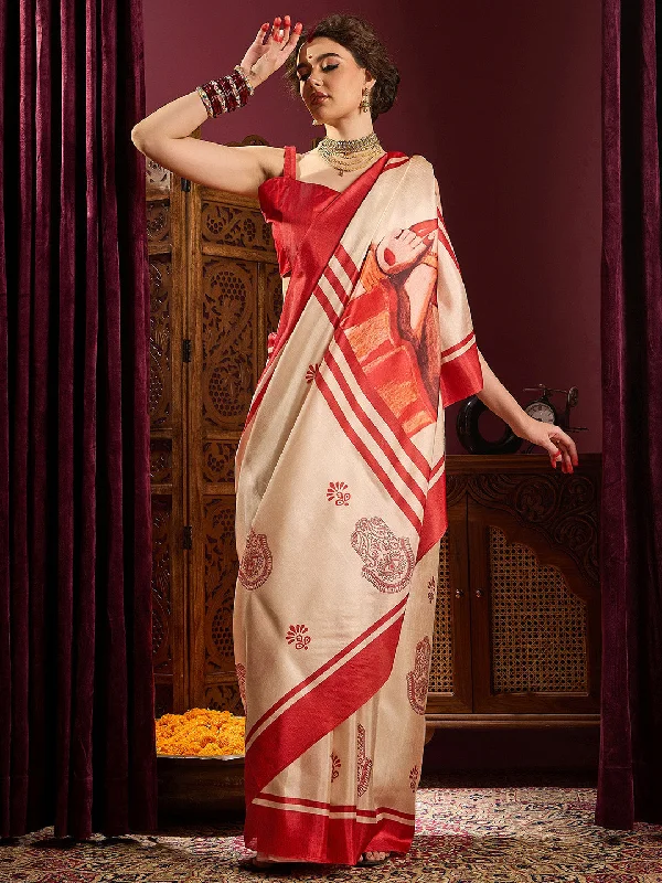 Women's Silk Blend Off White Printed Celebrity Saree With Blouse Piece Classic Minimalist Blouse Women's Silk Blend Off White Printed Celebrity Saree With Blouse Piece Classic Minimalist Blouse