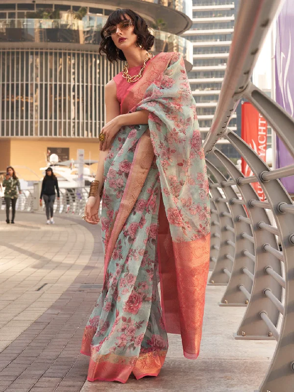 Women's Tissue Pink Woven Design Designer Saree With Blouse Piece Elegant Embroidery Blouse