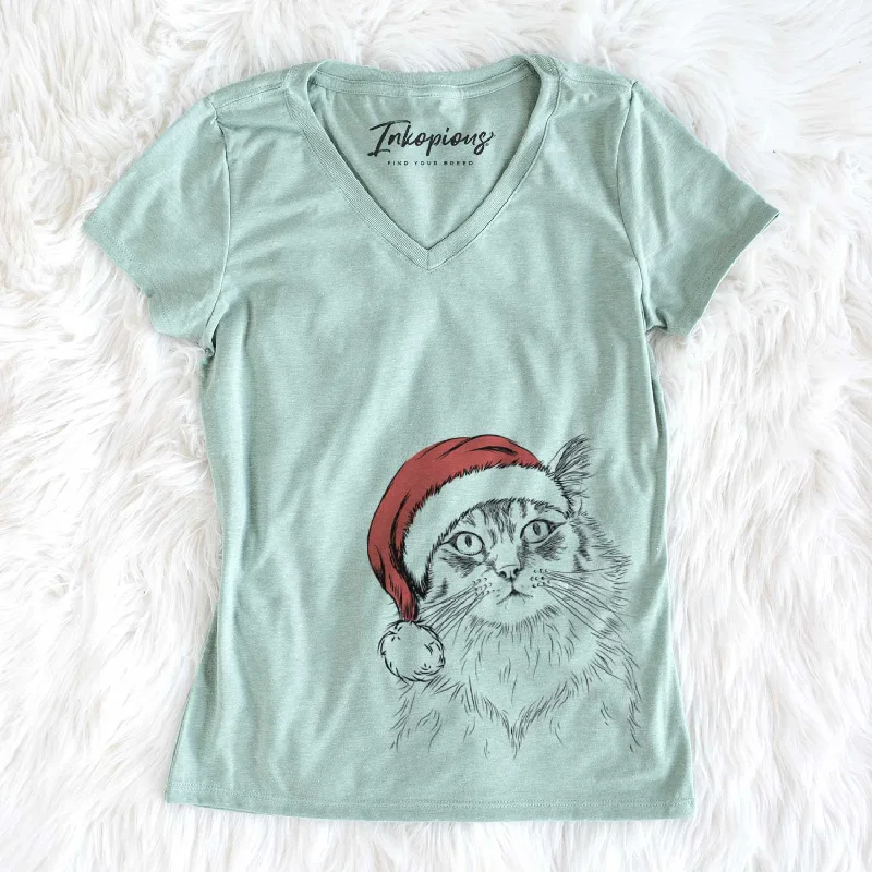 Santa Chloe the Tabby Cat - Women's V-neck Shirt-- Mesh Blend Leather Blend Suede Blend Santa Chloe the Tabby Cat - Women's V-neck Shirt-- Mesh Blend Leather Blend Suede Blend