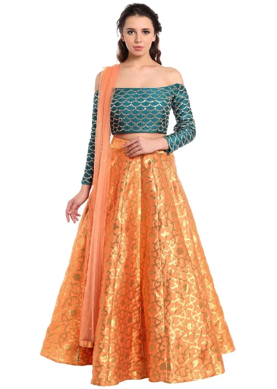 Dark peach lehenga with off shoulder teal blouse Romantic Lace Blouse