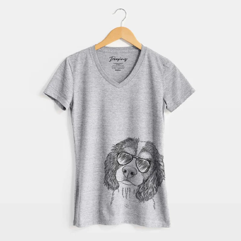 Aviator Truman the Cavalier King Charles Spaniel - Women's V-neck Shirt-- Houndstooth Herringbone Solid Aviator Truman the Cavalier King Charles Spaniel - Women's V-neck Shirt-- Houndstooth Herringbone Solid