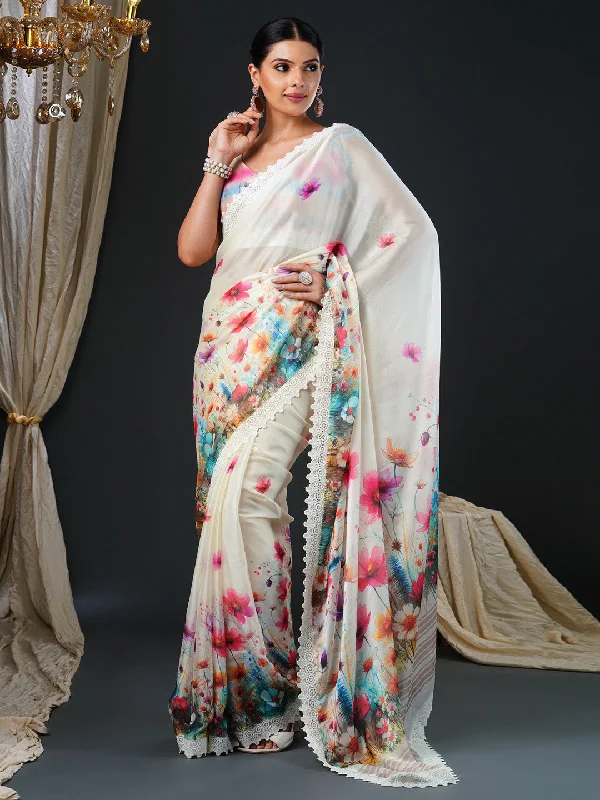 Women's Georgette Multicolored Digital Print Designer Saree With Blouse Piece Ruffled Neck Blouse Women's Georgette Multicolored Digital Print Designer Saree With Blouse Piece Ruffled Neck Blouse