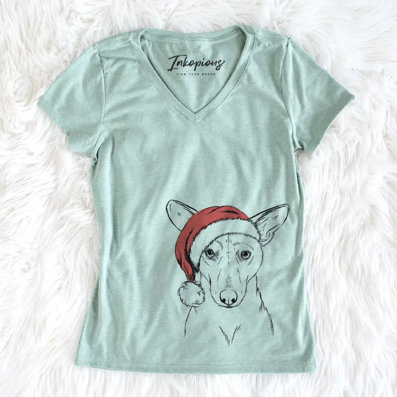 Santa Buff the Dorgi - Women's V-neck Shirt-- Iron Safe Non-Iron Wrinkle Free