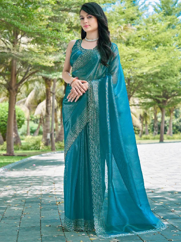 Women's Organza Blue Embellished Designer Saree With Blouse Piece Feminine Puff Blouse Women's Organza Blue Embellished Designer Saree With Blouse Piece Feminine Puff Blouse