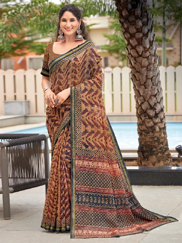 Women's Cotton Brown Printed Designer Saree With Blouse Piece Gathered Detail Blouse Women's Cotton Brown Printed Designer Saree With Blouse Piece Gathered Detail Blouse