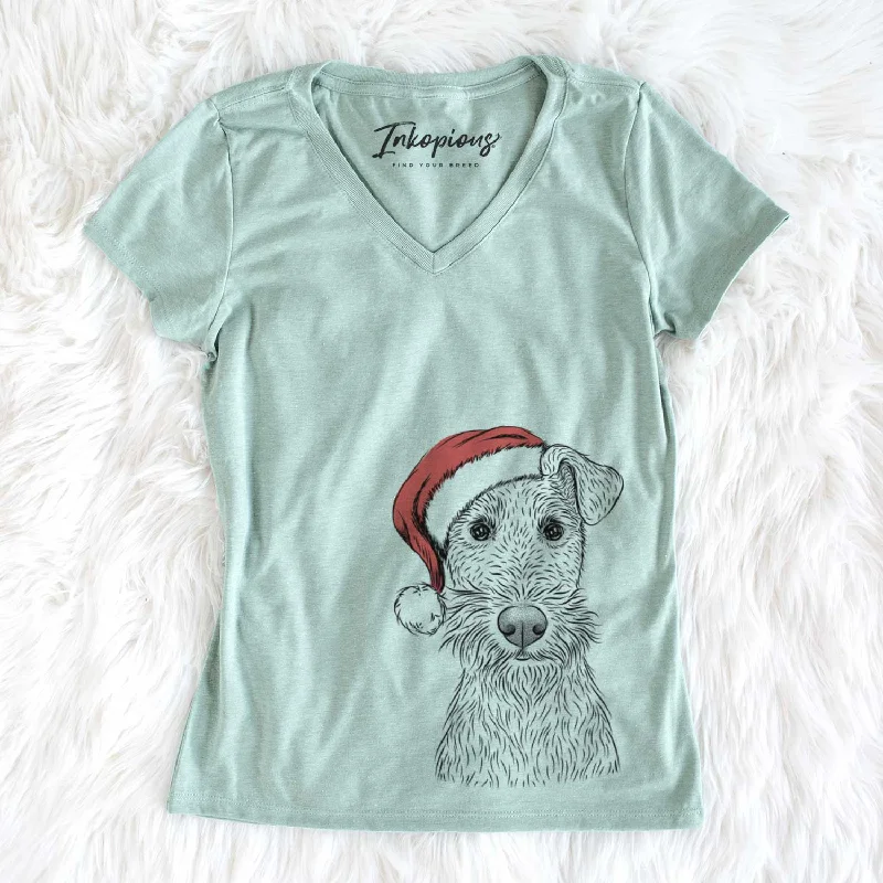 Santa Fitz the Wire Fox Terrier - Women's V-neck Shirt-- Embroidered Appliqued Beaded