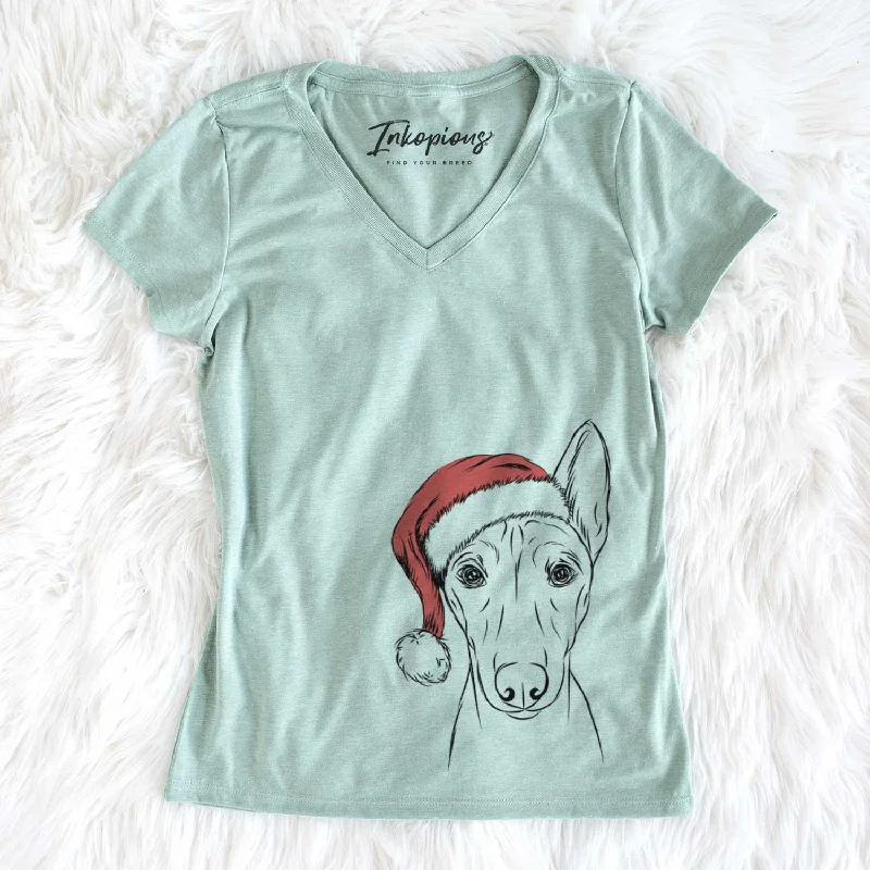 Santa Bonsai the Basenji - Women's V-neck Shirt-- Polka Dot Checkered Tartan