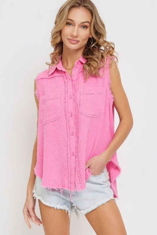 Washed Cotton Gauze Shirt-- Asymmetrical Pockets Print