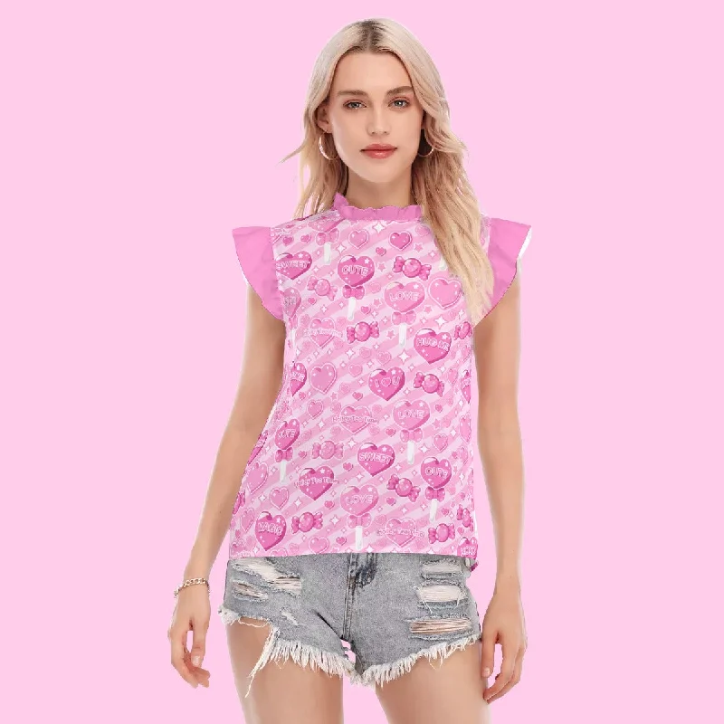 Candy Love Hearts (Pink Cutie) Women's Ruffle Blouse Feminine Tie Blouse