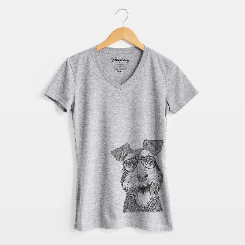 Aviator Bernadette the Mini Schnauzer - Women's V-neck Shirt-- Striped Floral Plaid