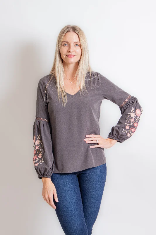 Gray Blouse with Pink Floral Embroidery Feminine Puff Blouse