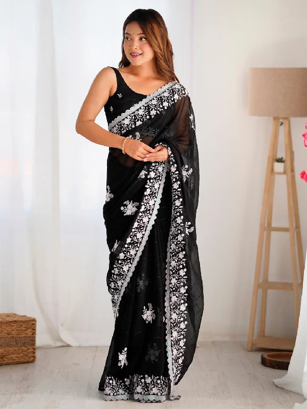 Women's Georgette Black Embellished Designer Saree With Blouse Piece Everyday Stylish Blouse Women's Georgette Black Embellished Designer Saree With Blouse Piece Everyday Stylish Blouse
