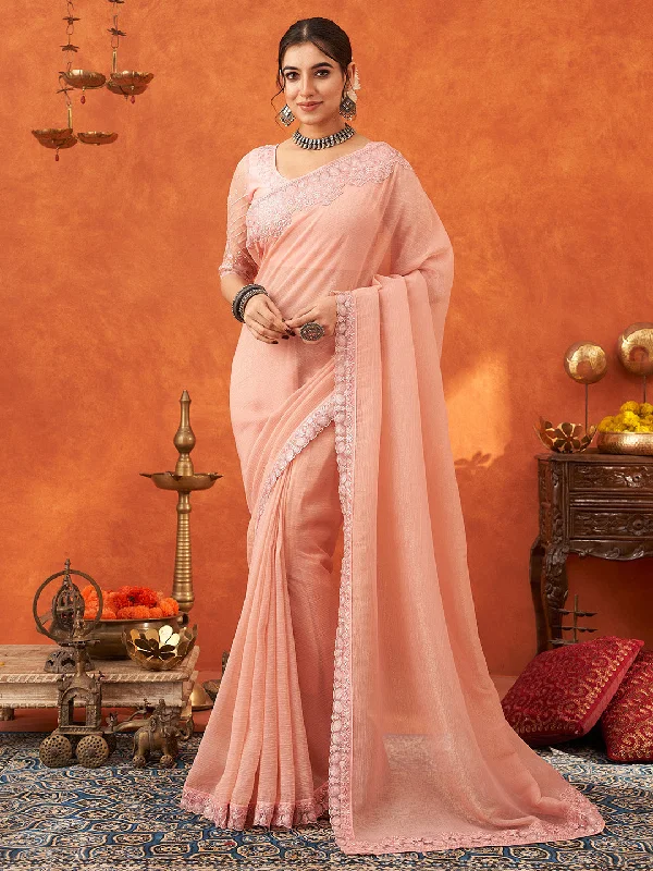 Women's Chiffon Peach Embellished Designer Saree With Blouse Piece Double Button Blouse Women's Chiffon Peach Embellished Designer Saree With Blouse Piece Double Button Blouse