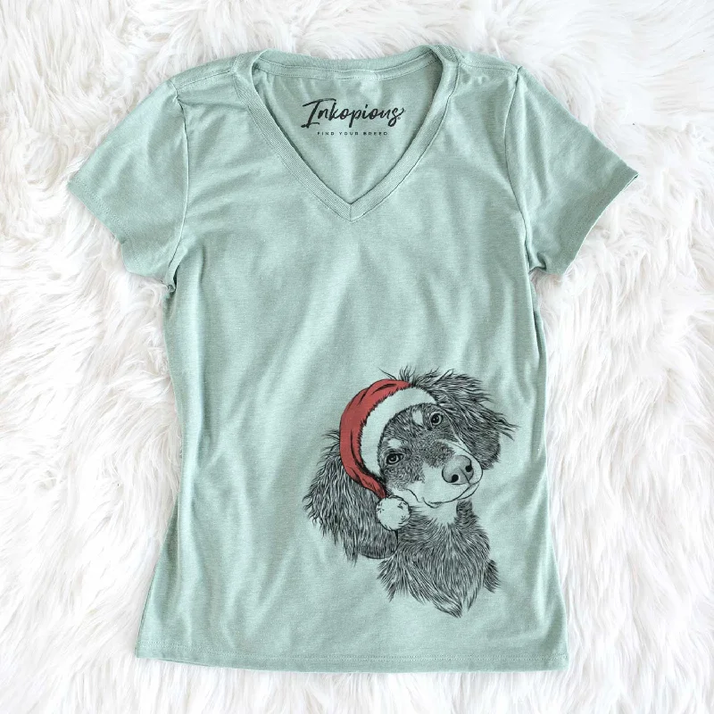 Santa Bailey the Long Haired Dachshund - Women's V-neck Shirt-- Graphic Embroidered Appliqued Santa Bailey the Long Haired Dachshund - Women's V-neck Shirt-- Graphic Embroidered Appliqued