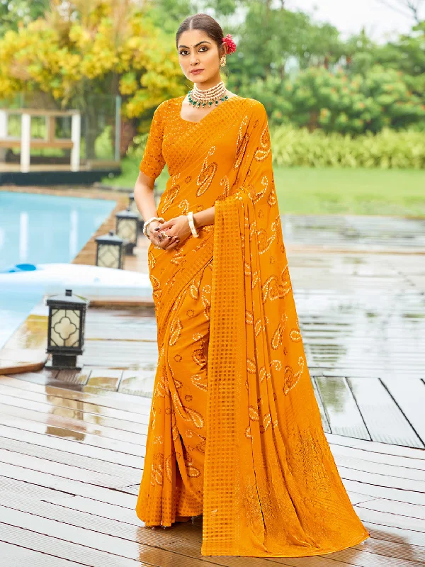 Women's Georgette Yellow Printed Designer Saree With Blouse Piece Peter Pan Collar Blouse Women's Georgette Yellow Printed Designer Saree With Blouse Piece Peter Pan Collar Blouse