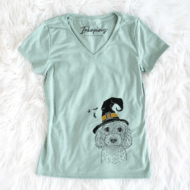Witch Izzie the Cavachon - Women's V-neck Shirt-- Cotton Fabric Linen Fabric Terry Fabric Witch Izzie the Cavachon - Women's V-neck Shirt-- Cotton Fabric Linen Fabric Terry Fabric