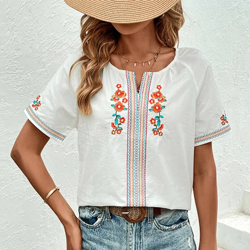 Floral Embroidered V-Neck Blouse Off-Shoulder Wrap Blouse