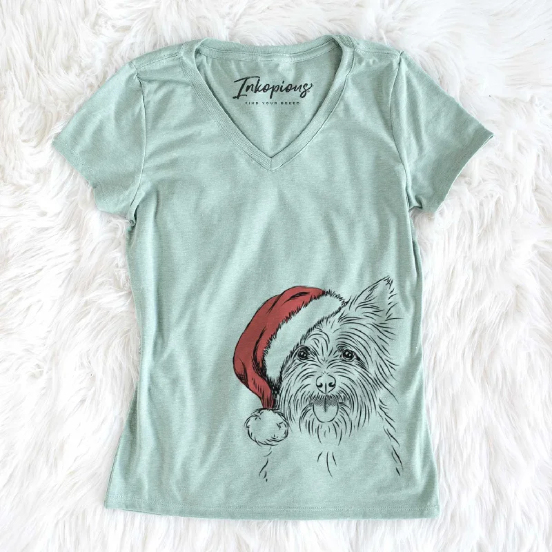 Santa Calum the Cairn Terrier - Women's V-neck Shirt-- Zippered Buttoned Snapped
