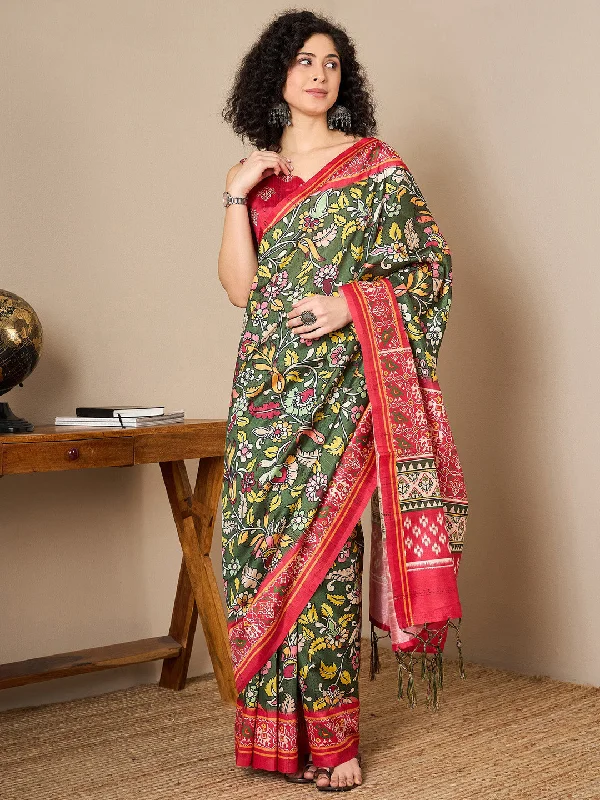 Women's Bhagalpuri Silk Red Printed Ready to Wear With Blouse Piece Collared Satin Blouse Women's Bhagalpuri Silk Red Printed Ready to Wear With Blouse Piece Collared Satin Blouse