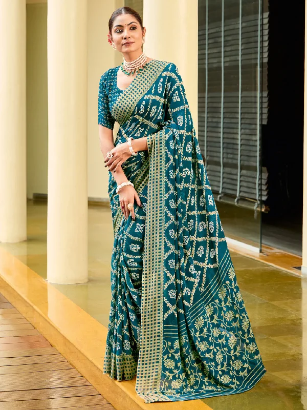 Women's Georgette Teal blue Printed Designer Saree With Blouse Piece Soft Modal Blouse Women's Georgette Teal blue Printed Designer Saree With Blouse Piece Soft Modal Blouse