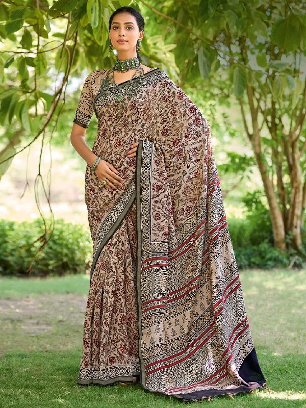 Women's Cotton Beige Printed Designer Saree With Blouse Piece Boho Chic Blouse
