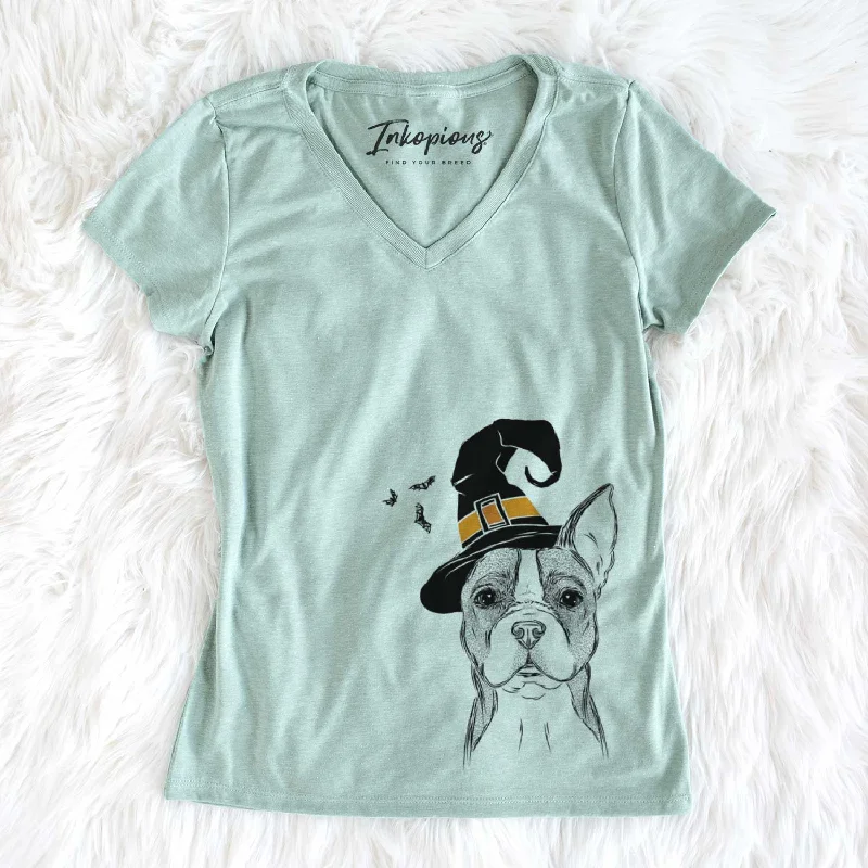 Witch Scout the Boston Terrier - Women's V-neck Shirt-- Iron Safe Non-Iron Wrinkle Free Witch Scout the Boston Terrier - Women's V-neck Shirt-- Iron Safe Non-Iron Wrinkle Free