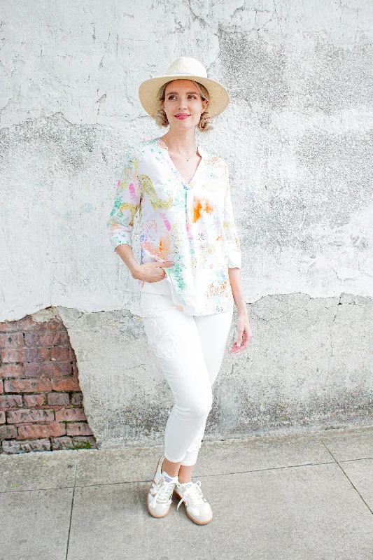 White Floral Print Blouse Lightweight Chiffon Blouse