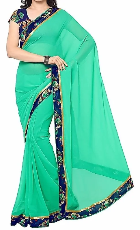 Saara Green Printed Solid Saree With Unstitched Blouse Sleeveless Summer Blouse
